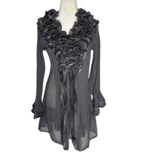 Pretty Angle Long Sleeve Button Up Gray Ruffle Silk Tunic - Small